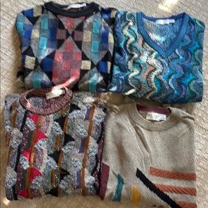 Burgundy Teal Crewneck Sweater with Intricate Patterns